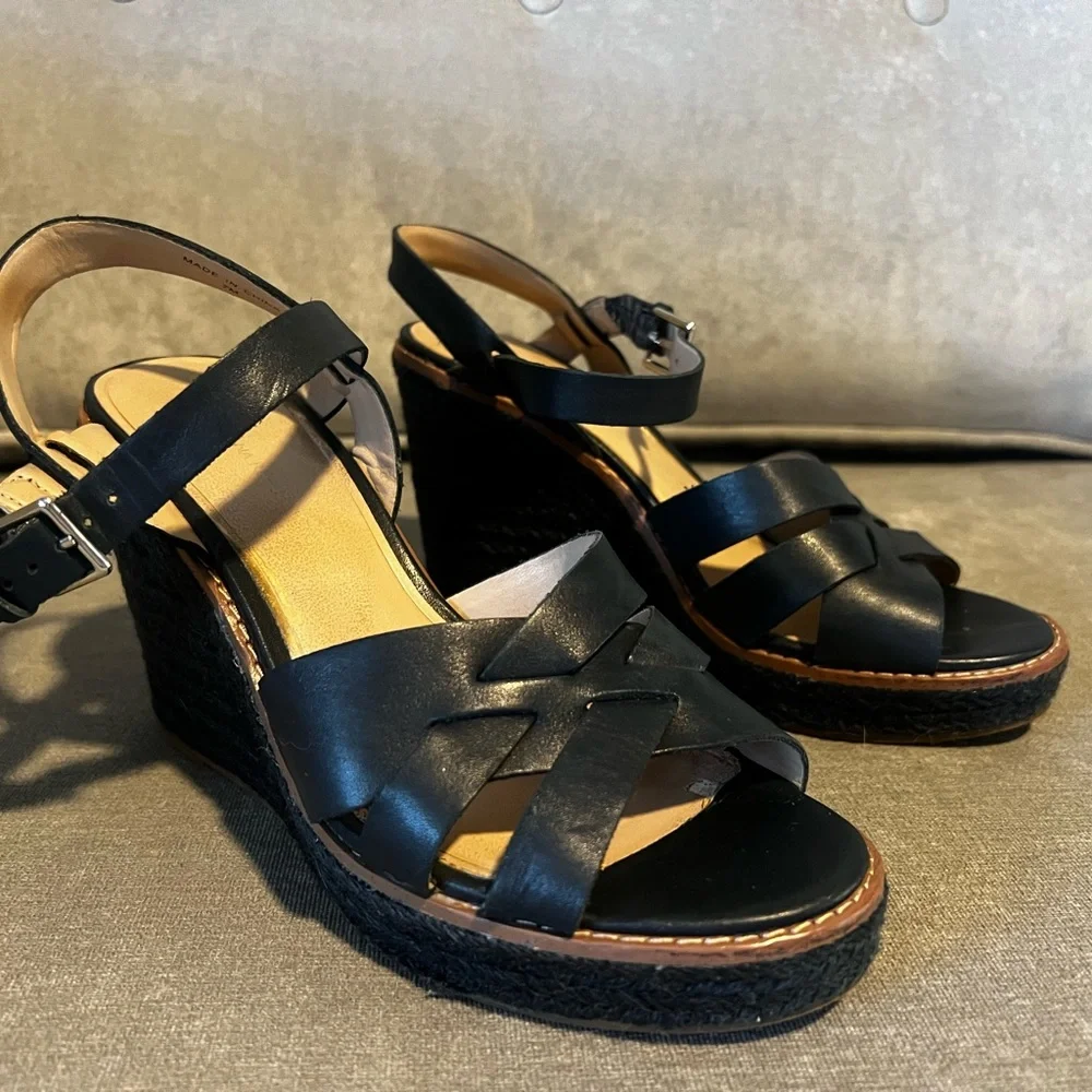 Banana Republic Navy Blue Raffia Leather Wedge Size 7